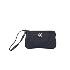 Michael Kors MK Monogram Wristlet Navy Black Silver Tone Zip Clutch Pouch